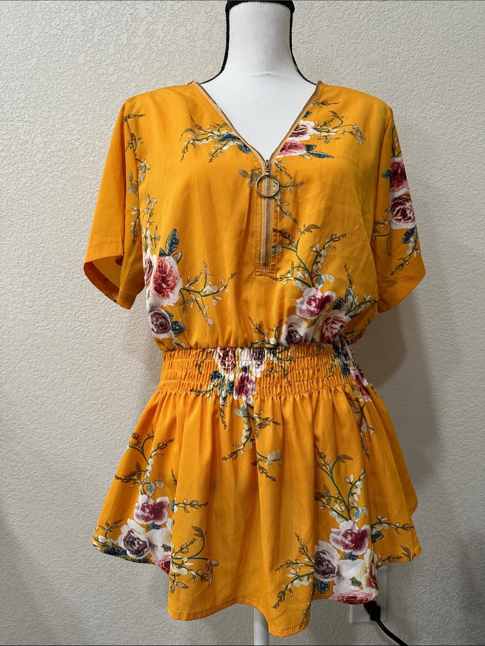 Mustard Yellow Floral Peplum Top with Zip Ring